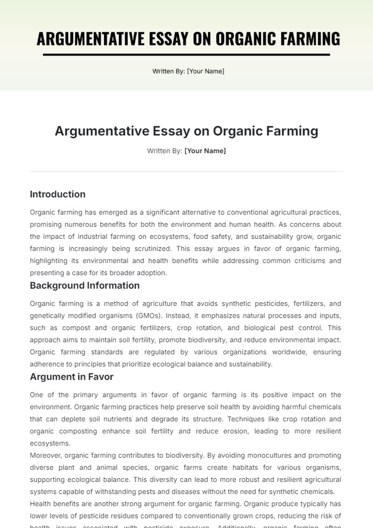 Free Argumentative Essay on Organic Farming Template - Edit Online ...