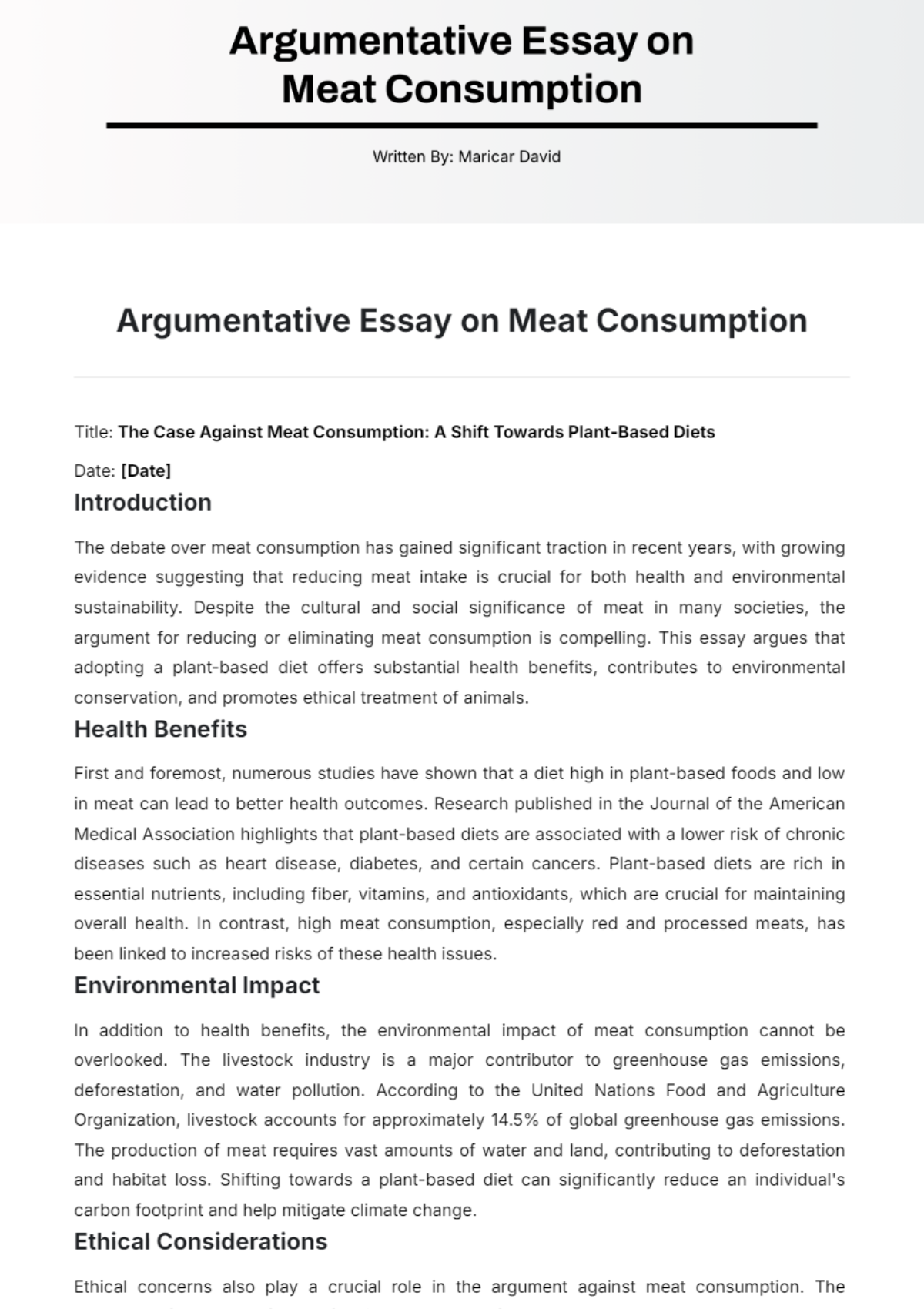 Argumentative Essay on Meat Consumption Template