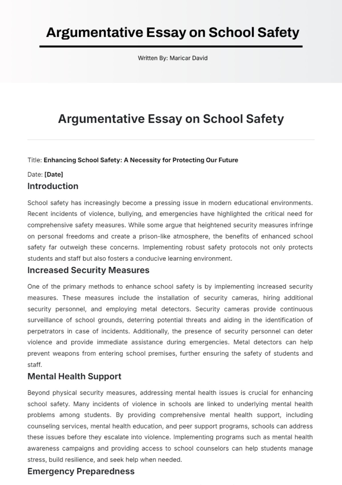 Free Argumentative Essay on School Safety Template - Edit Online ...