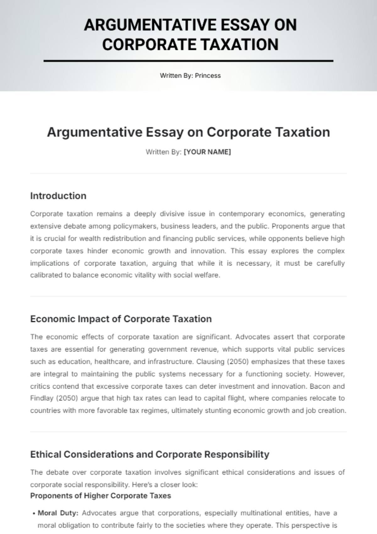 Argumentative Essay on Corporate Taxation Template - Edit Online & Download