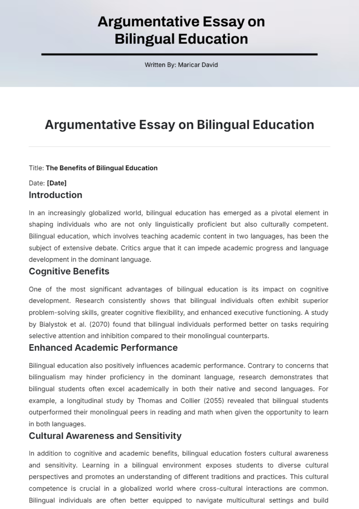 Argumentative Essay  on Bilingual Education Template