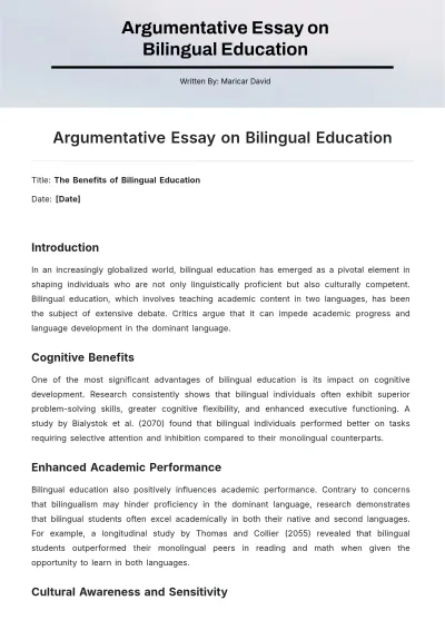 Free Argumentative Essay  on Bilingual Education Template to Edit Online