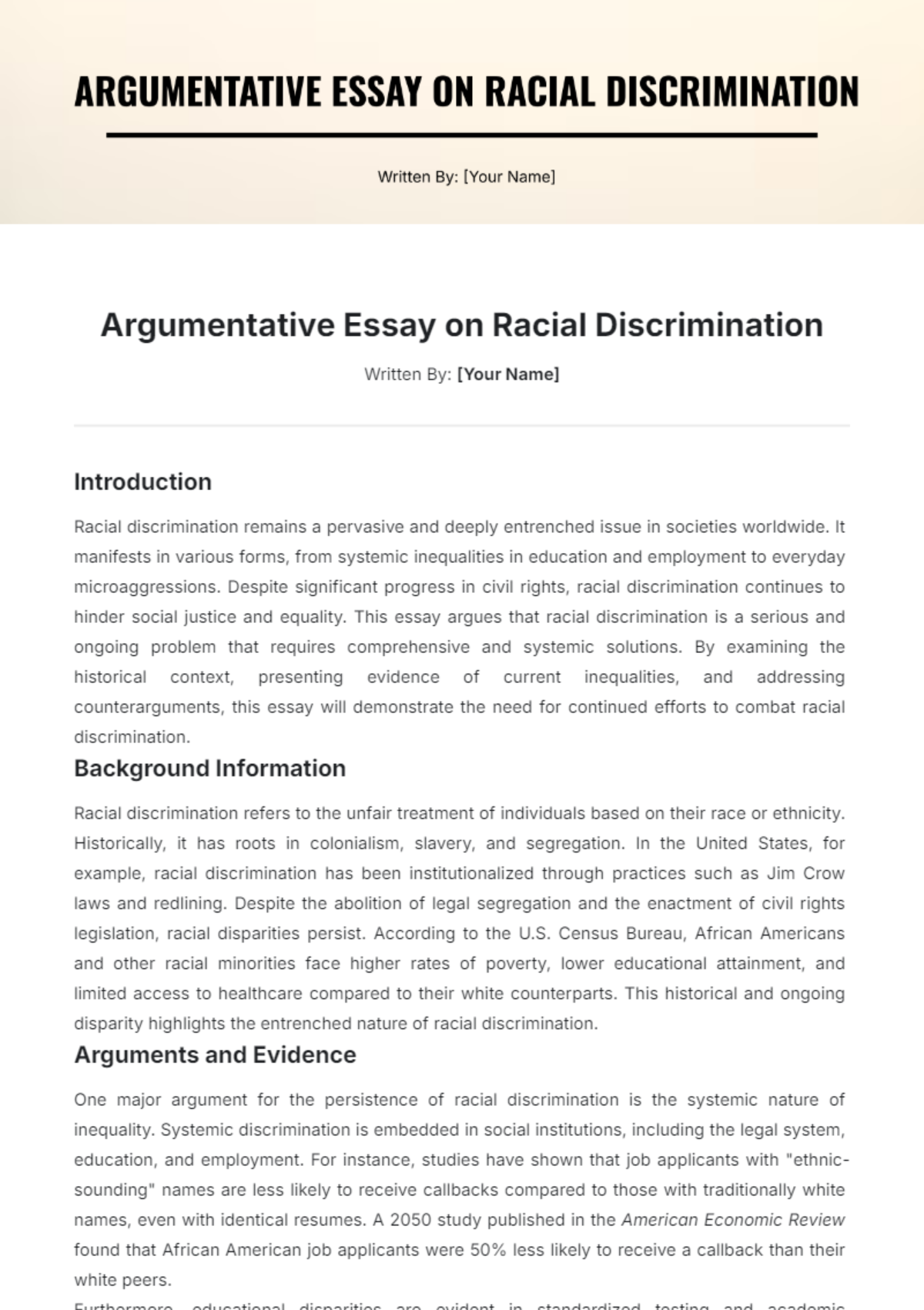 Argumentative Essay on Racial Discrimination Template