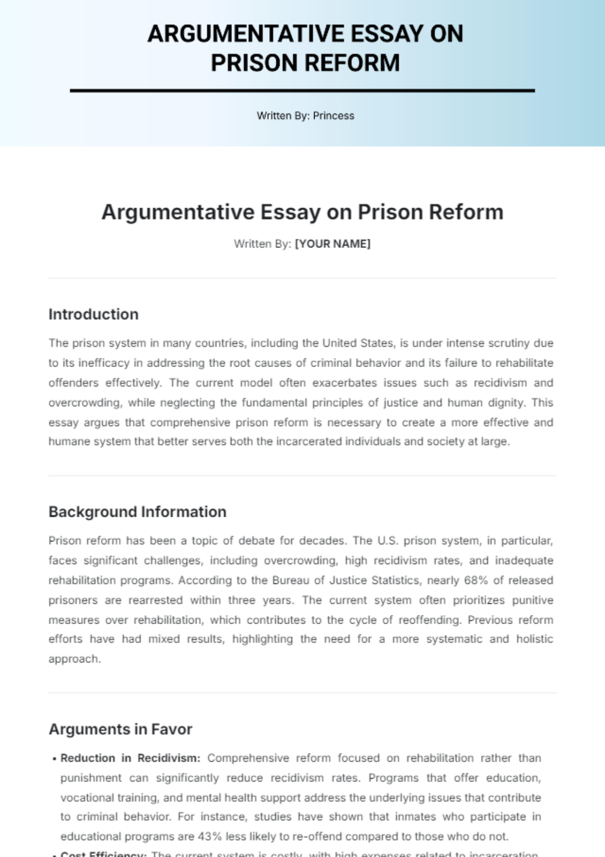 Argumentative Essay  on Prison Reform Template - Edit Online & Download