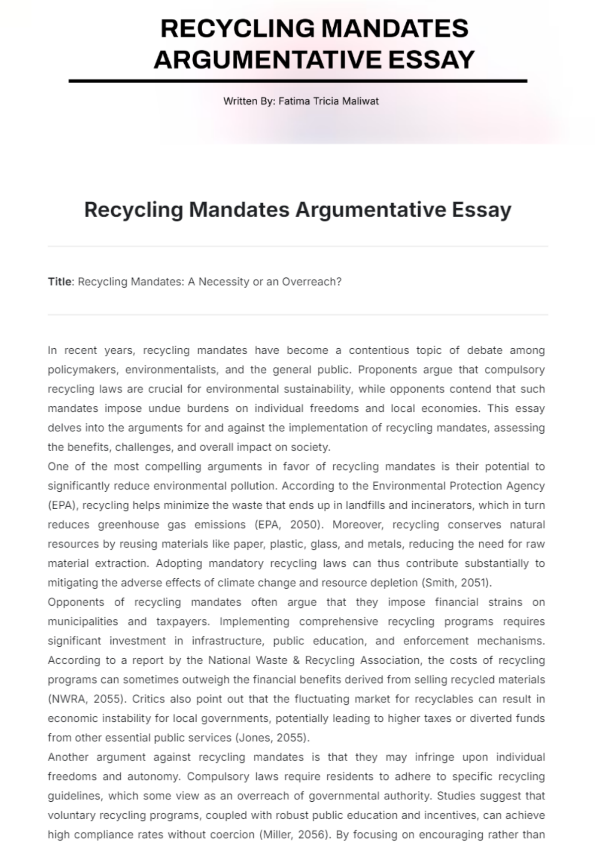 Recycling Mandates Argumentative Essay Template