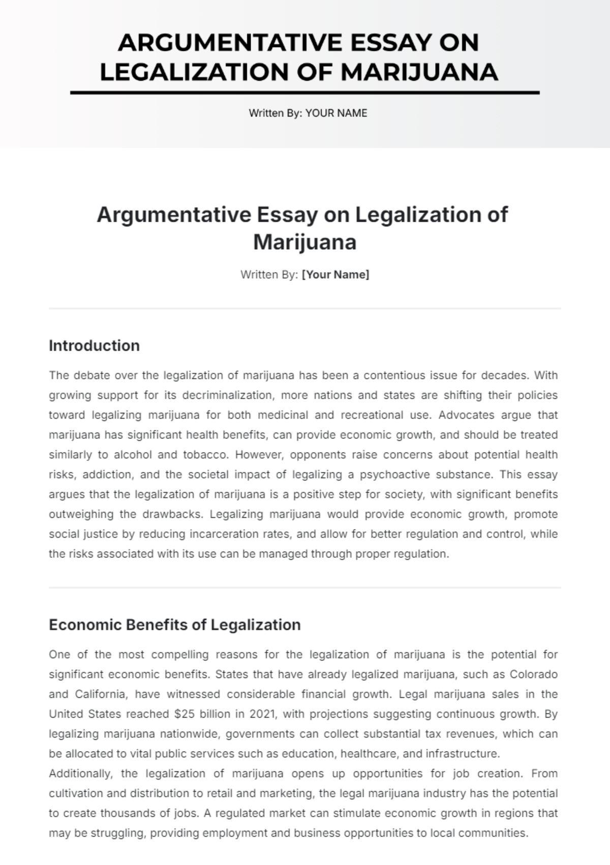 Argumentative Essay on Legalization of Marijuana Template - Edit Online & Download