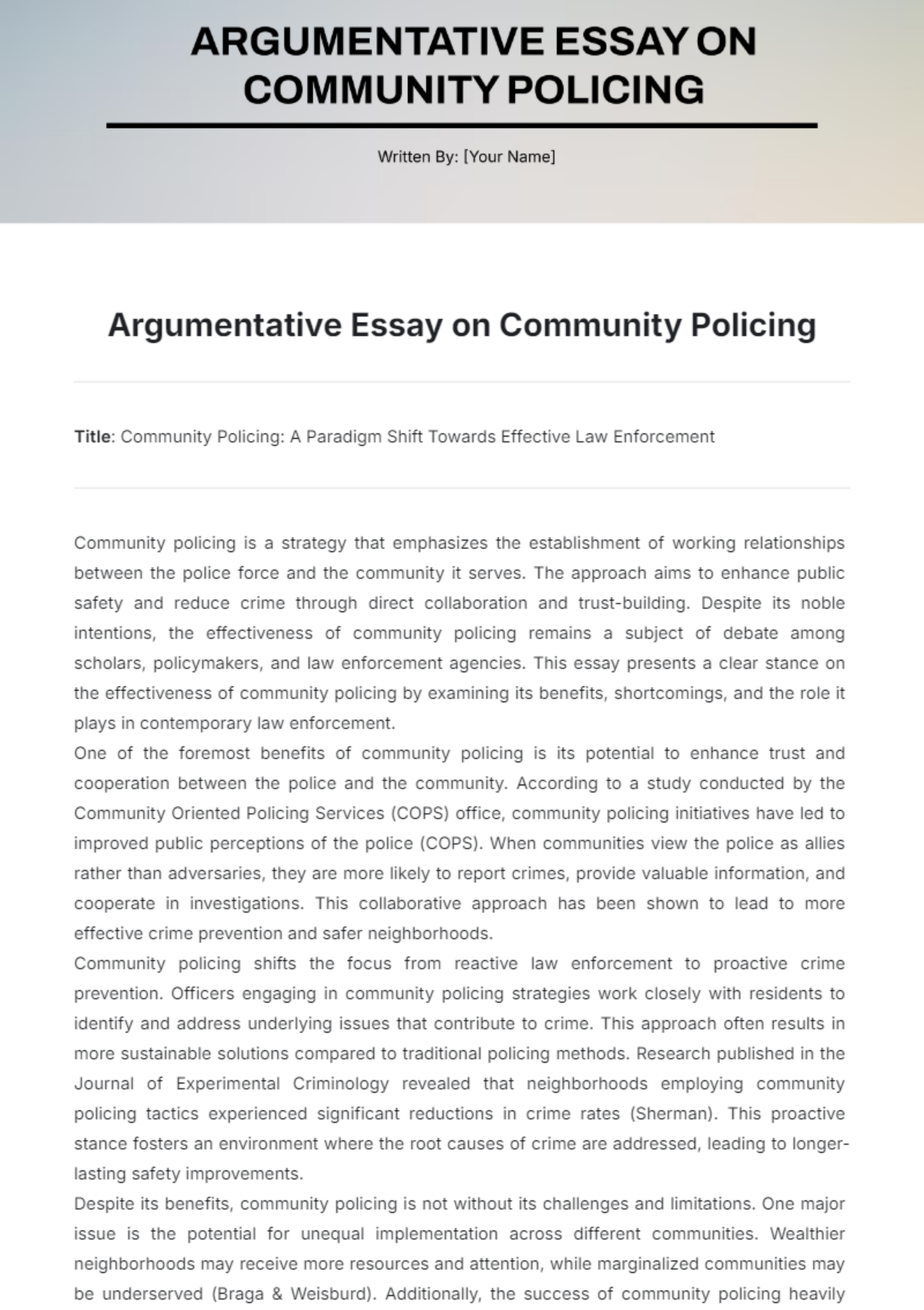 Argumentative Essay on Community Policing Template