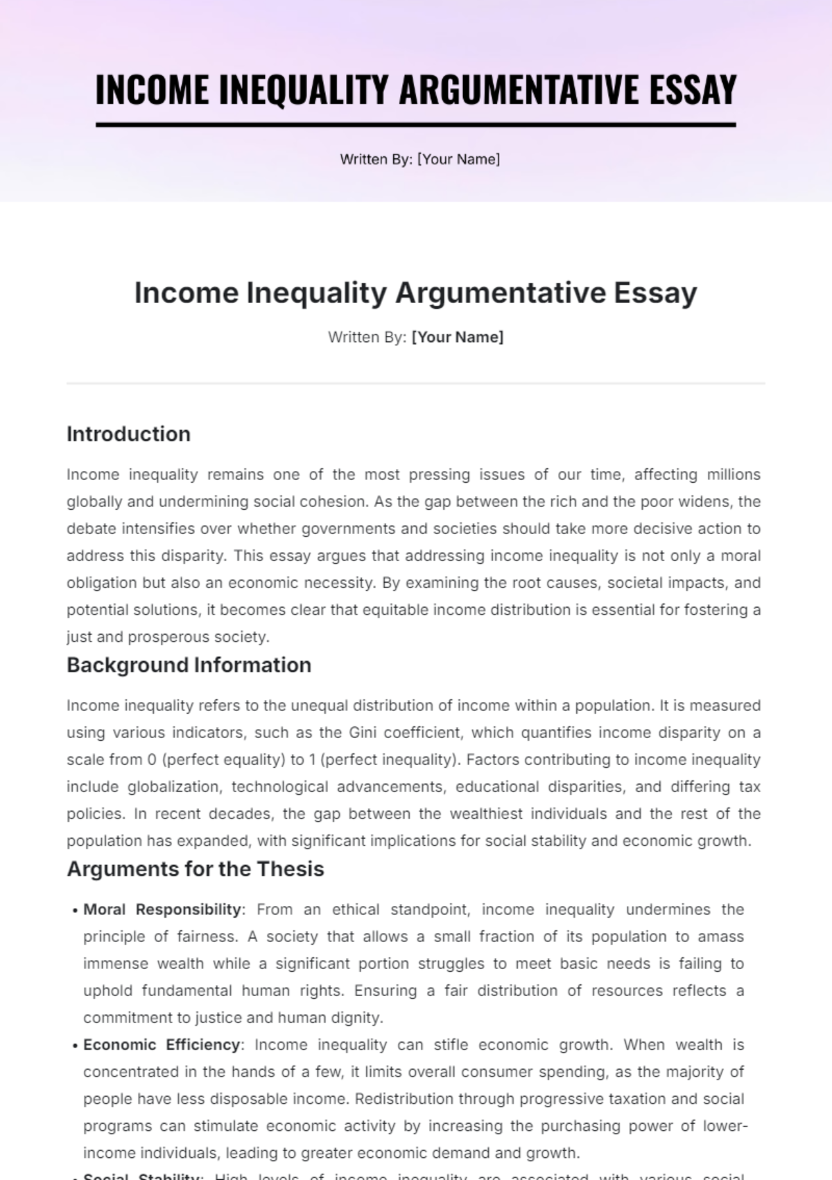 Income Inequality Argumentative Essay Template