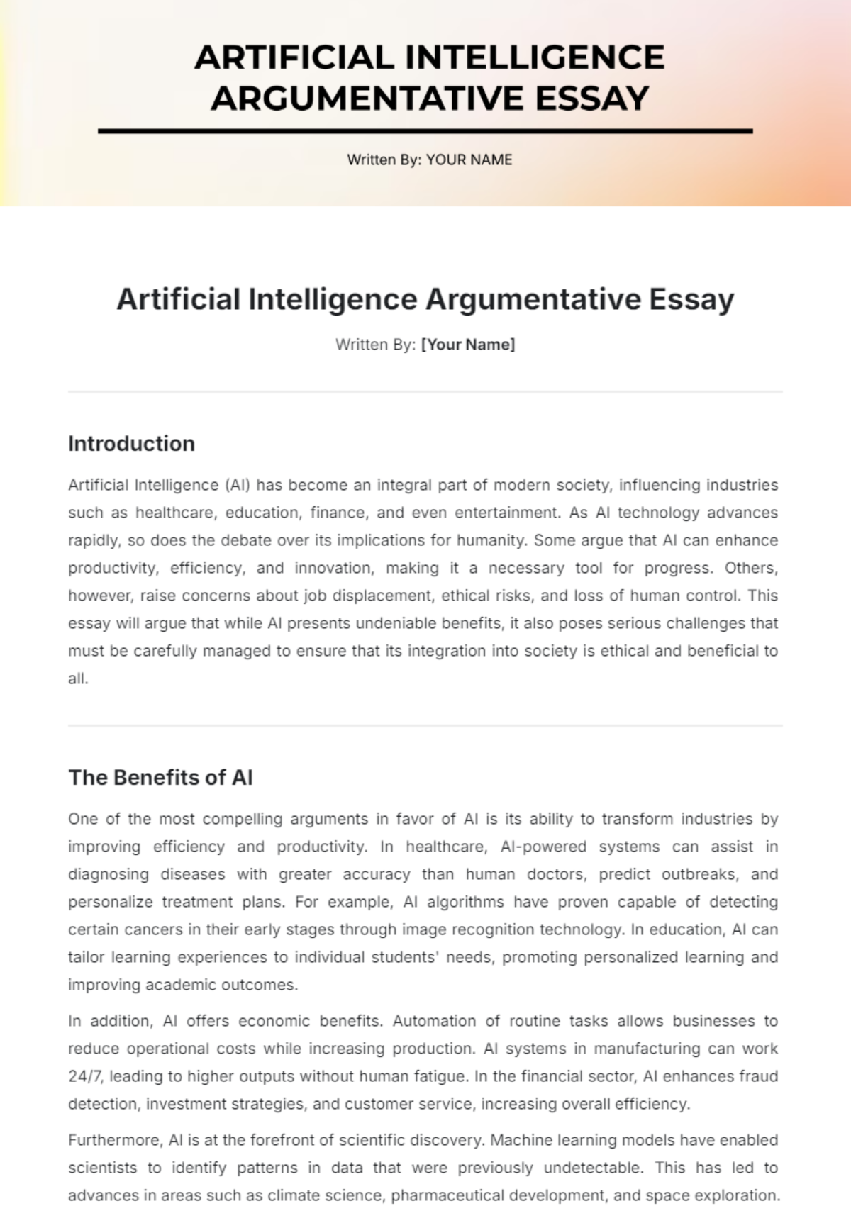 Artificial Intelligence Argumentative Essay Template - Edit Online & Download