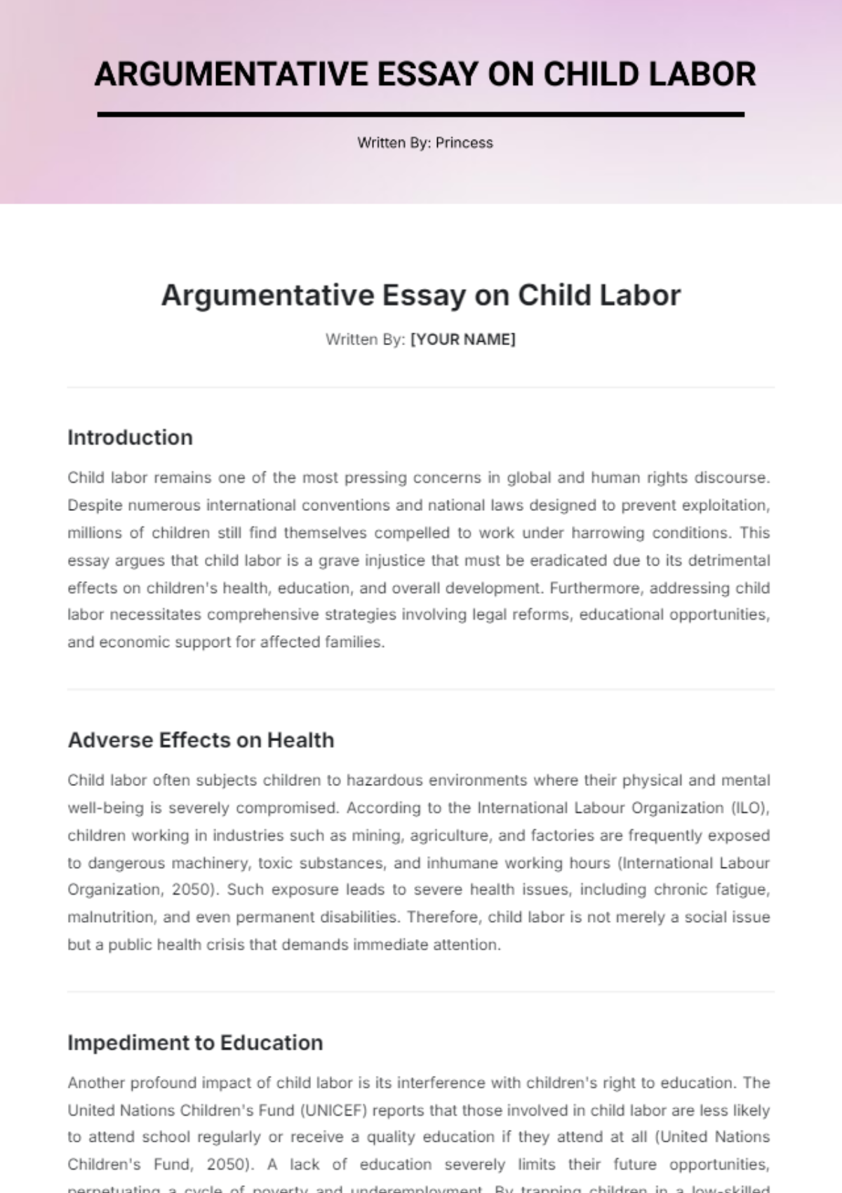 Argumentative Essay on Child Labor Template - Edit Online & Download