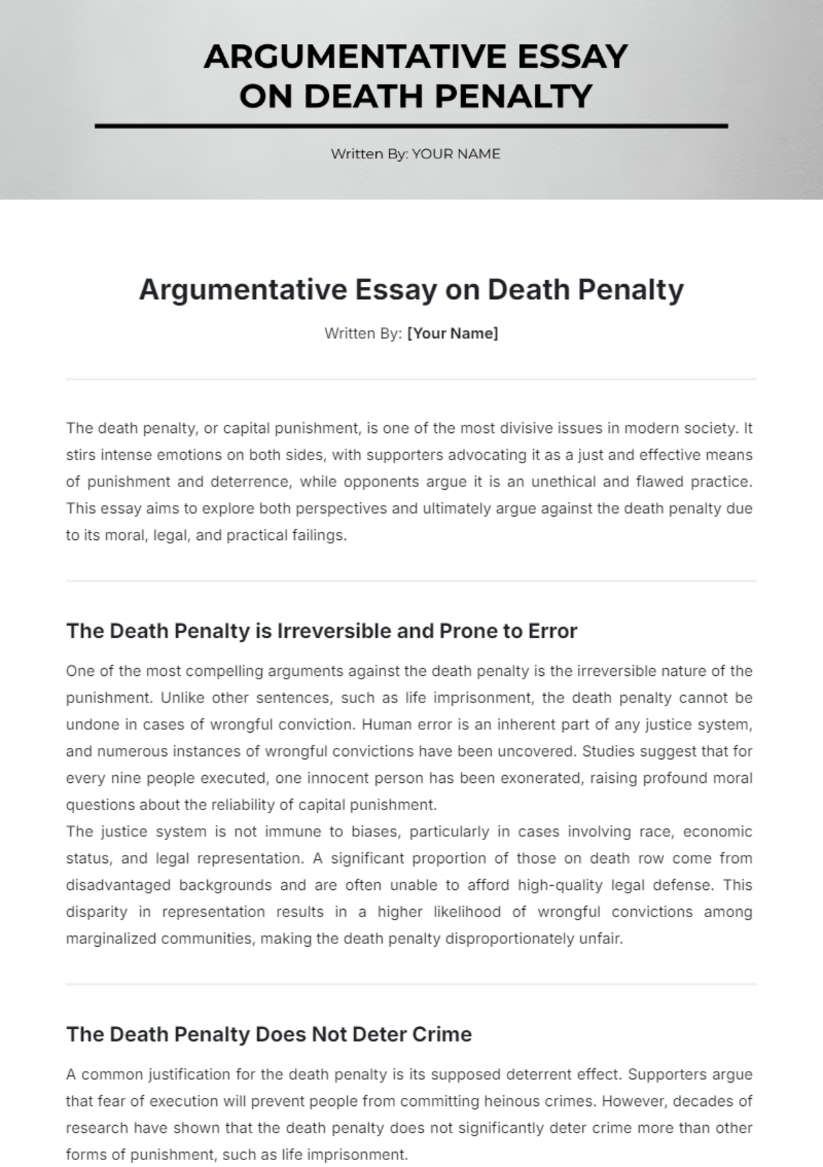 Argumentative Essay on Death Penalty Template