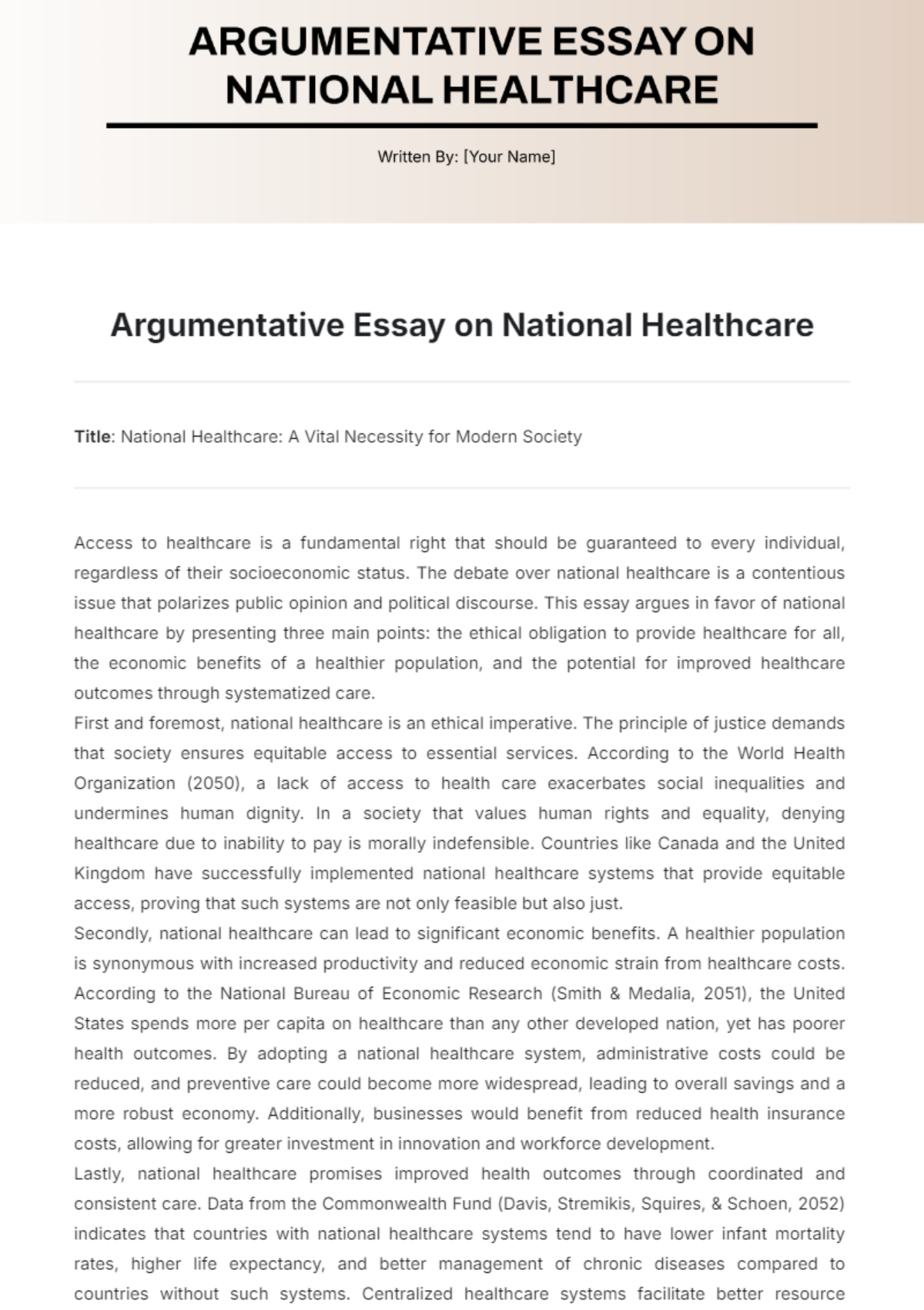 Argumentative Essay on National Healthcare Template