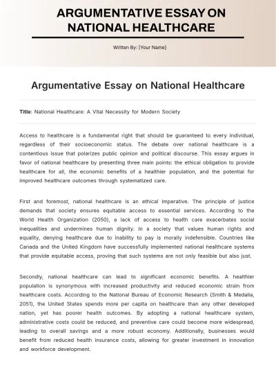 Free Argumentative Essay on National Healthcare Template to Edit Online