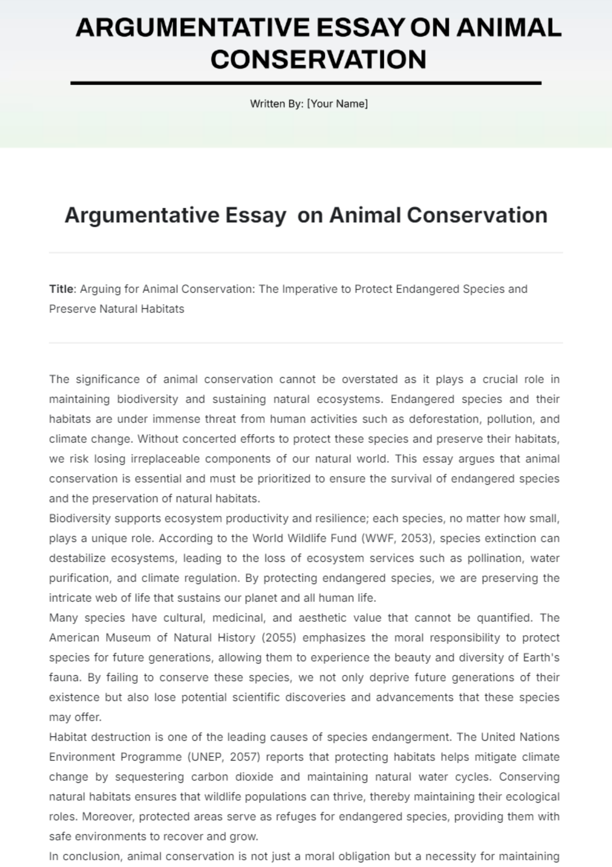 Argumentative Essay on Animal Conservation Template