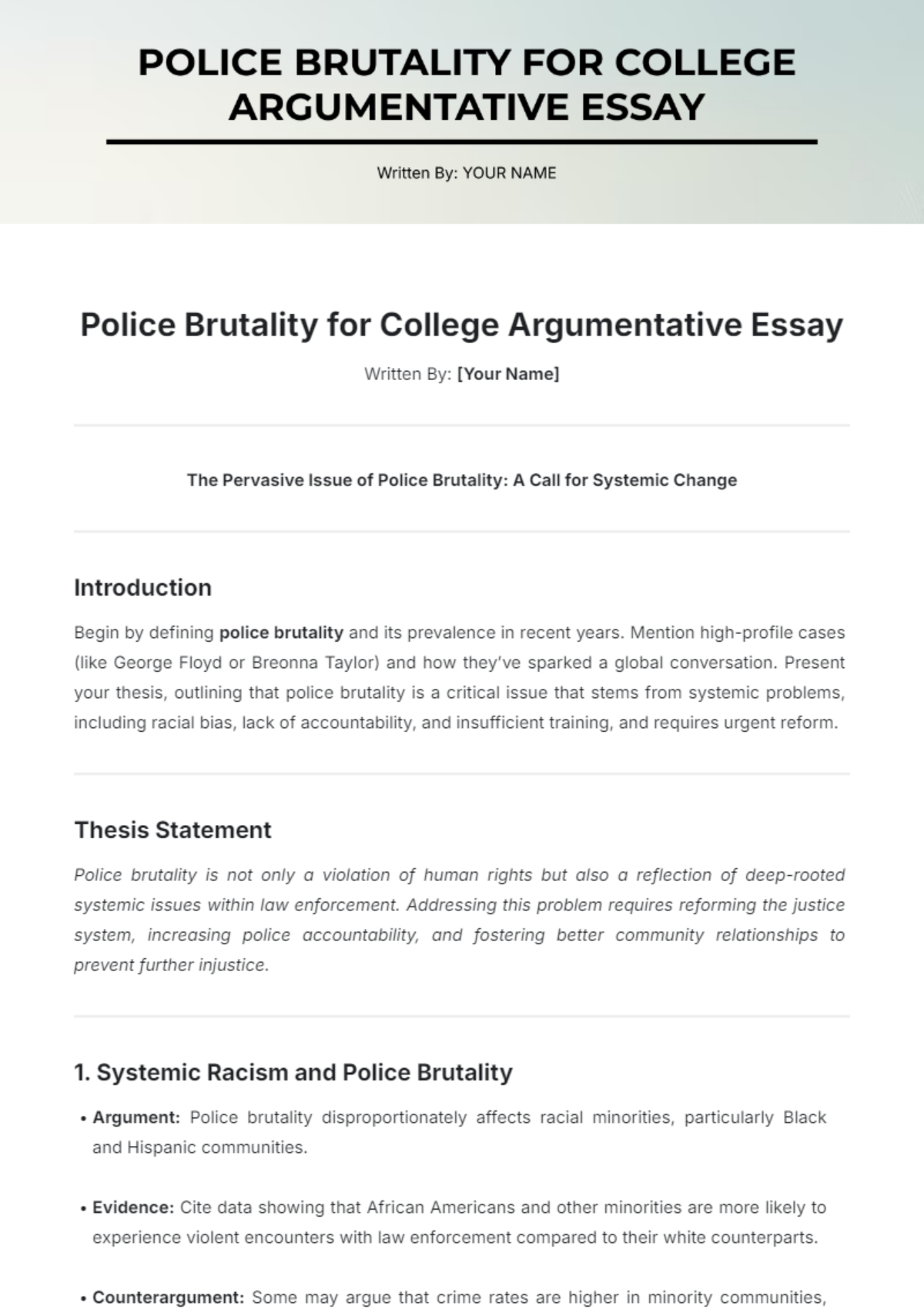 Police Brutality for College Argumentative Essay Template - Edit Online & Download