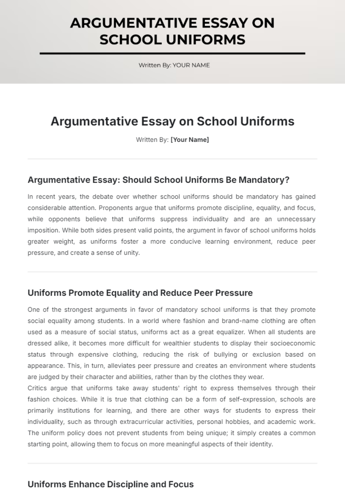 Argumentative Essay on School Uniforms Template - Edit Online & Download