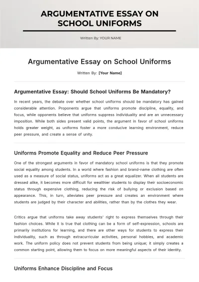 Free Argumentative Essay on School Uniforms Template to Edit Online