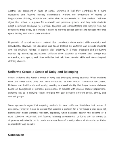 Free Argumentative Essay on School Uniforms Template to Edit Online