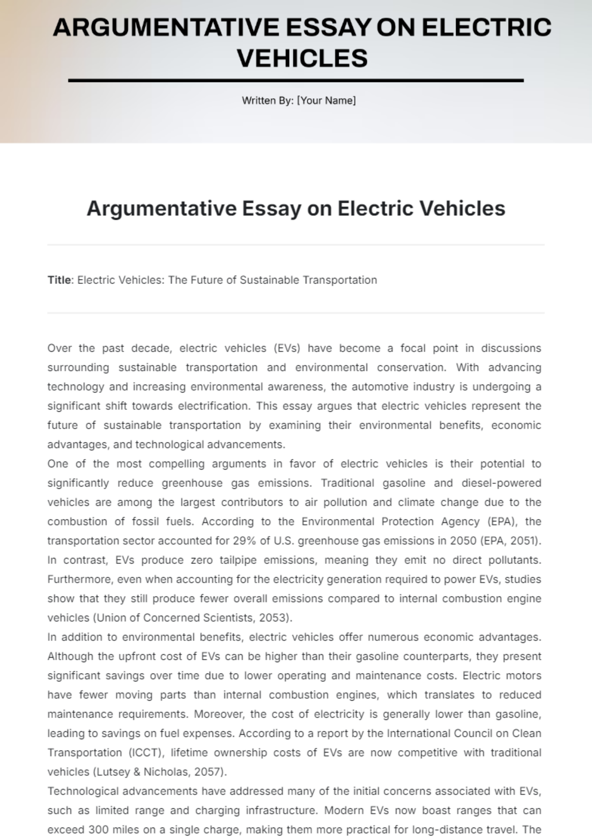 Argumentative Essay on Electric Vehicles Template