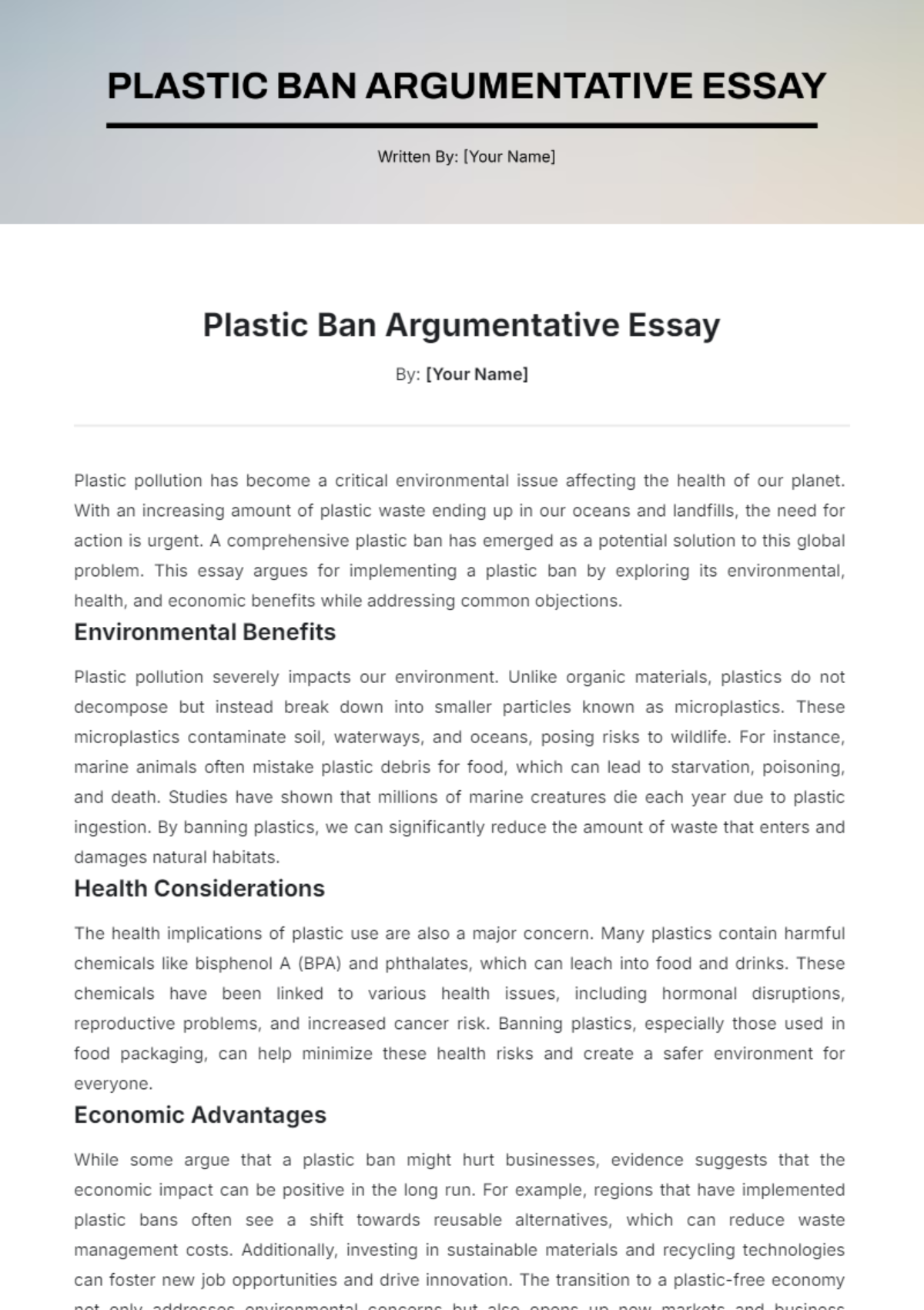 Plastic Ban Argumentative Essay Template