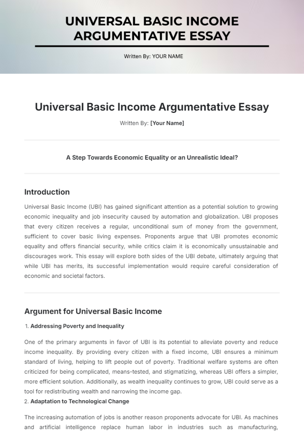 Universal Basic Income Argumentative Essay Template - Edit Online & Download