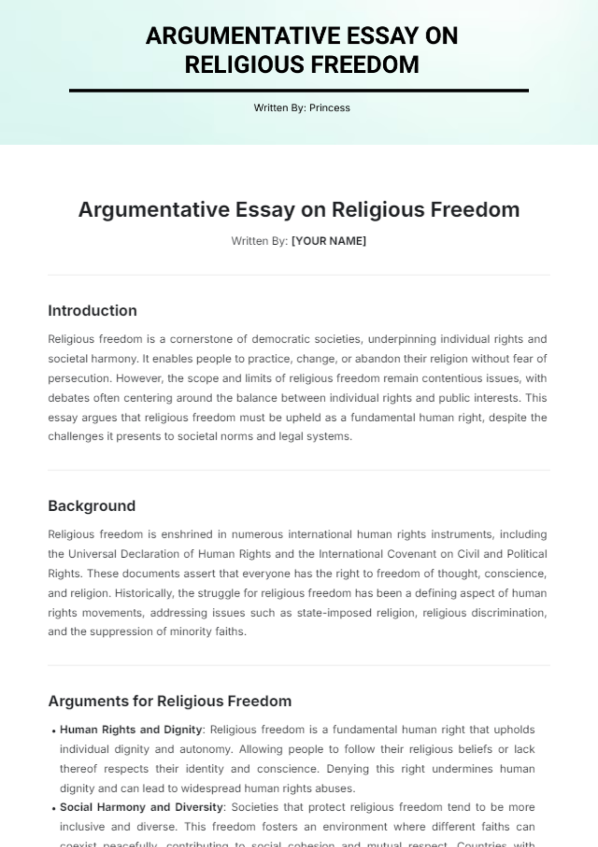 Argumentative Essay on Religious Freedom Template - Edit Online & Download