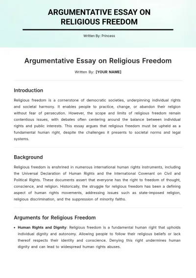 Free Argumentative Essay on Religious Freedom Template to Edit Online