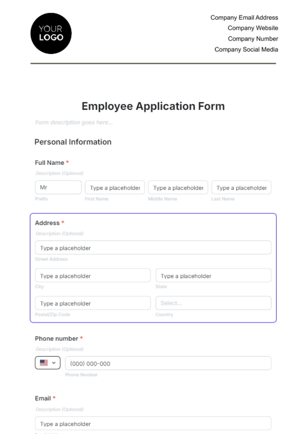 Free Employee Application Form Template