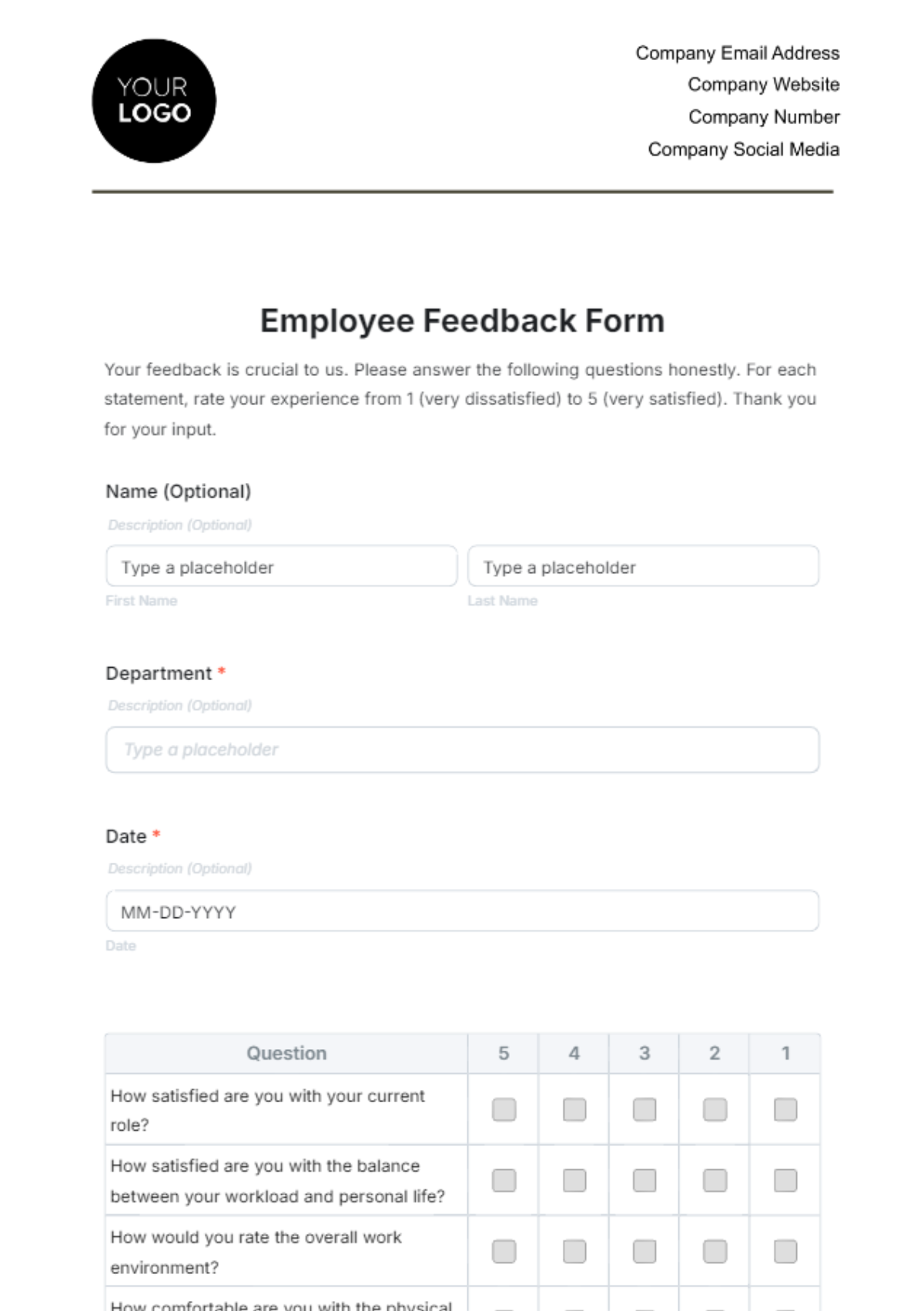 Free Employee Feedback Form Template