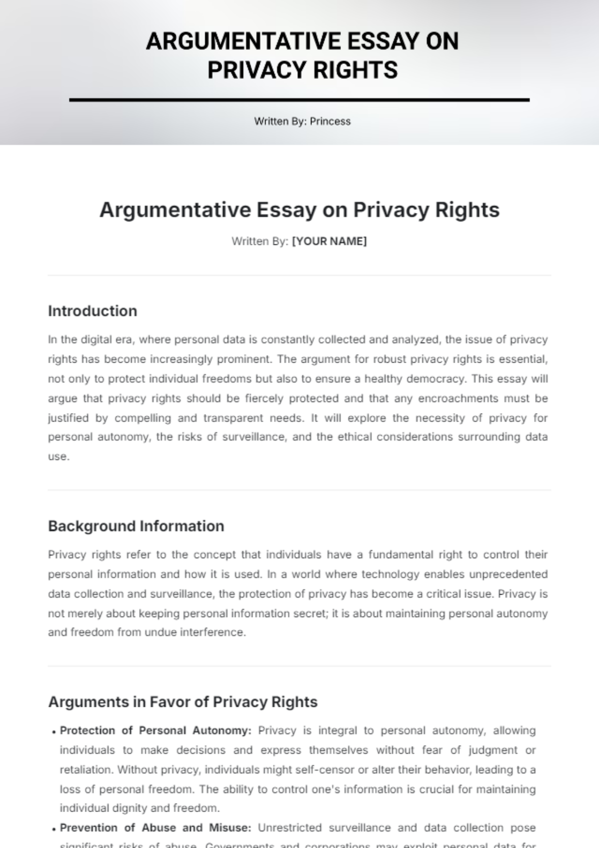 Argumentative Essay on Privacy Rights Template - Edit Online & Download