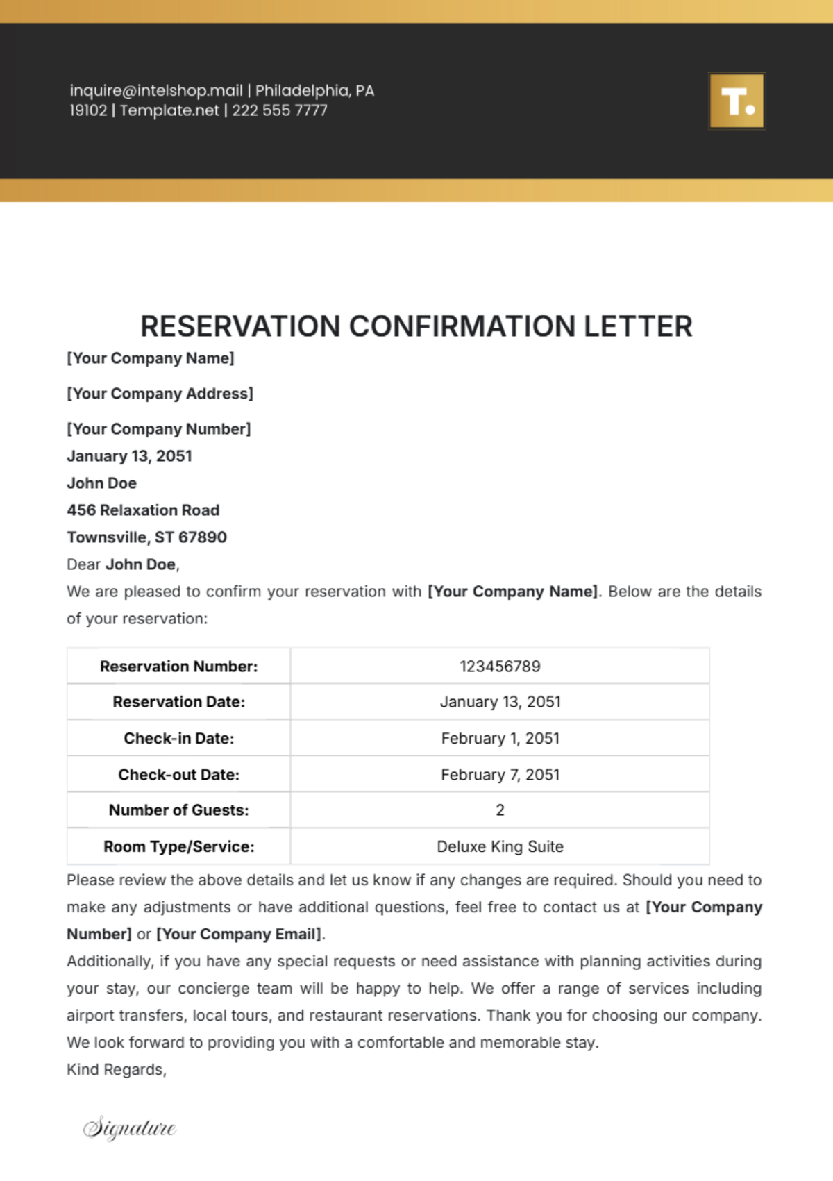 Reservation Confirmation Letter Template - Edit Online & Download