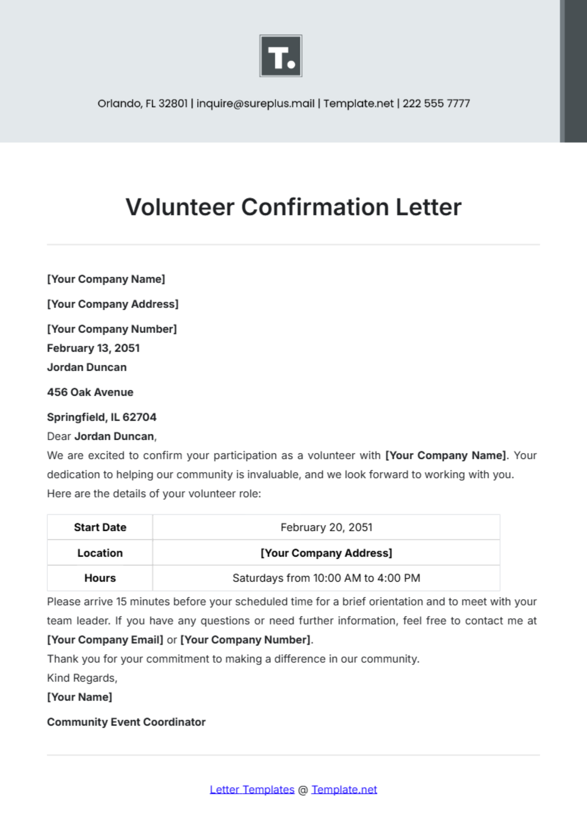 Volunteer Confirmation Letter Template - Edit Online & Download