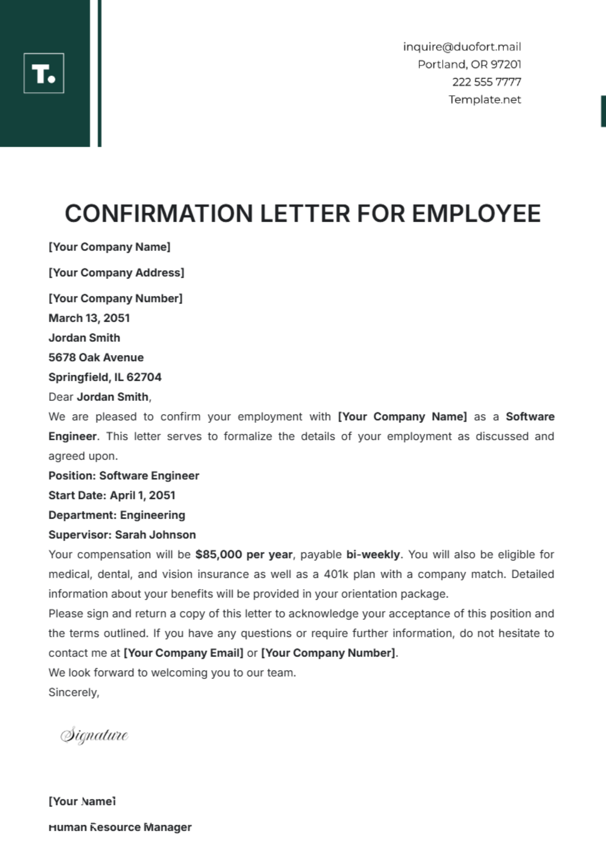 Confirmation Letter for Employee Template - Edit Online & Download