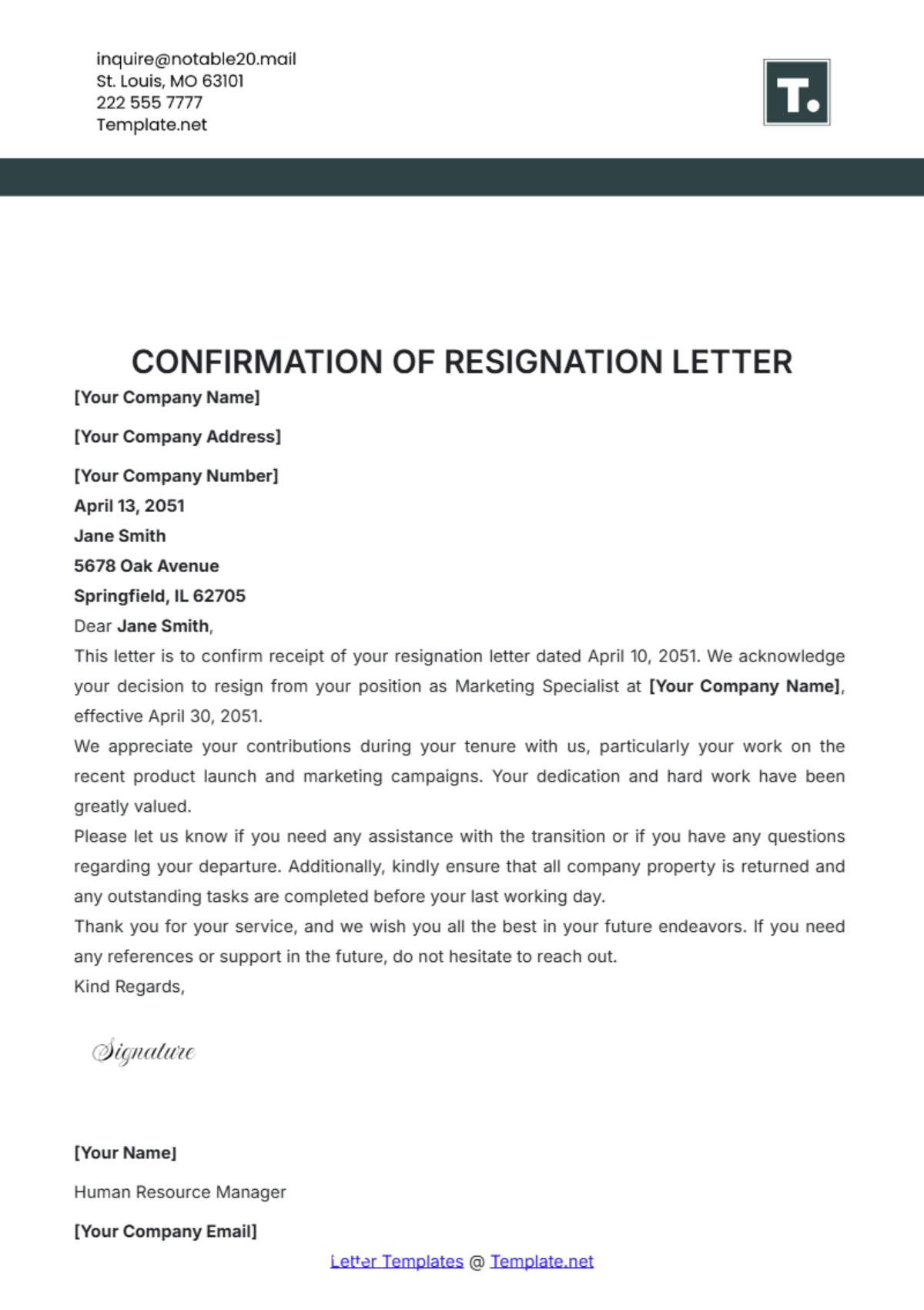 Confirmation of Resignation Letter Template - Edit Online & Download