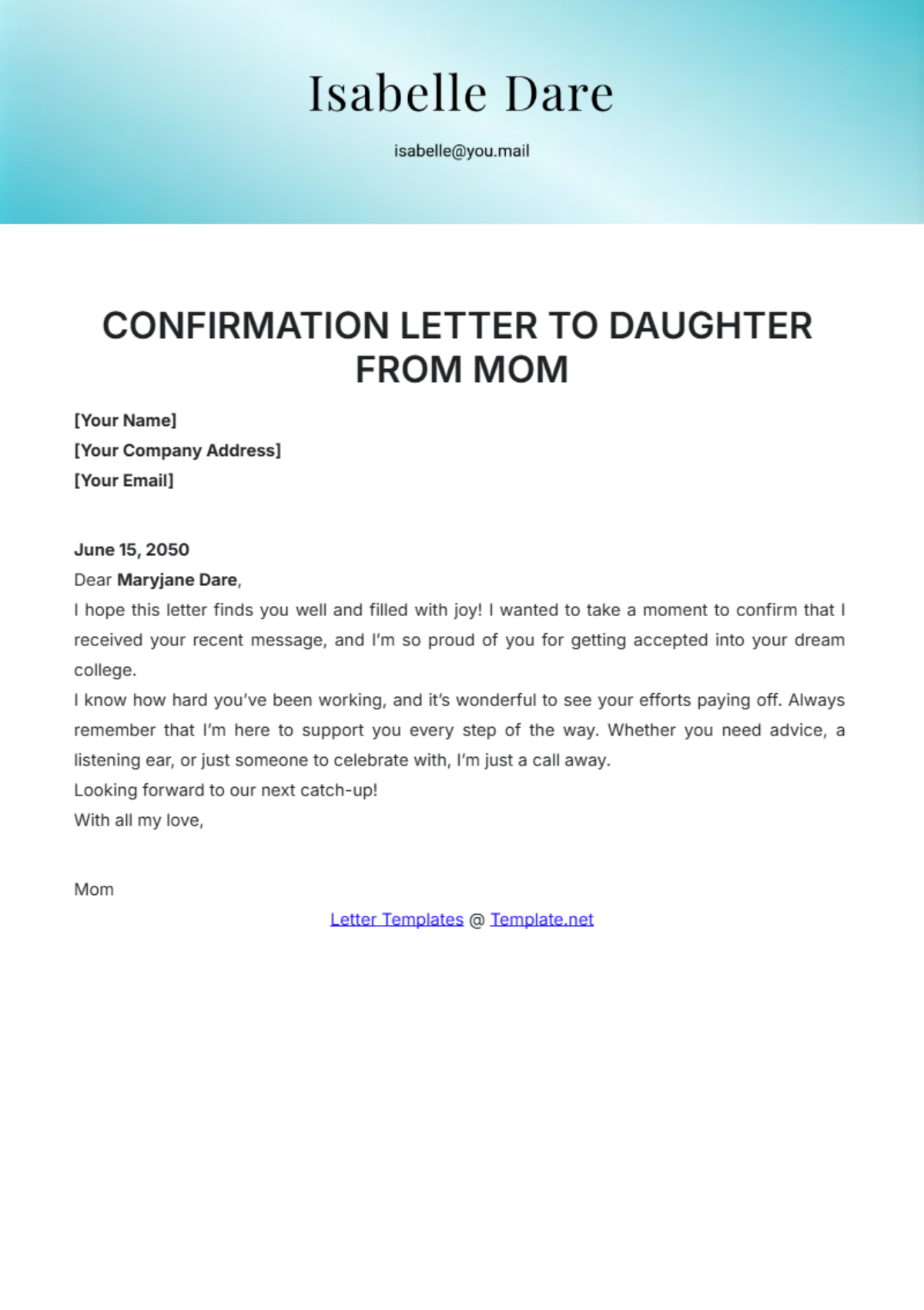 Confirmation Letter to Daughter from Mom Template - Edit Online & Download