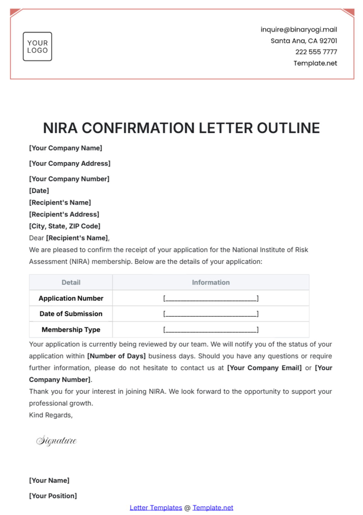 NIRA Confirmation Letter Outline Template - Edit Online & Download