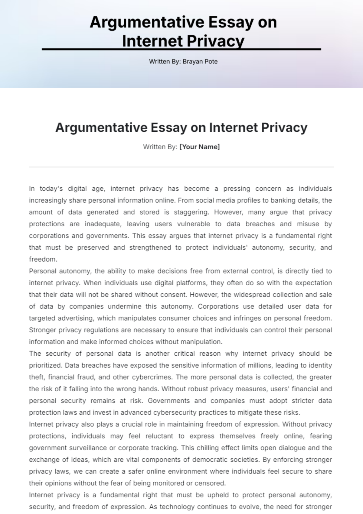 Argumentative Essay on Internet Privacy Template - Edit Online & Download