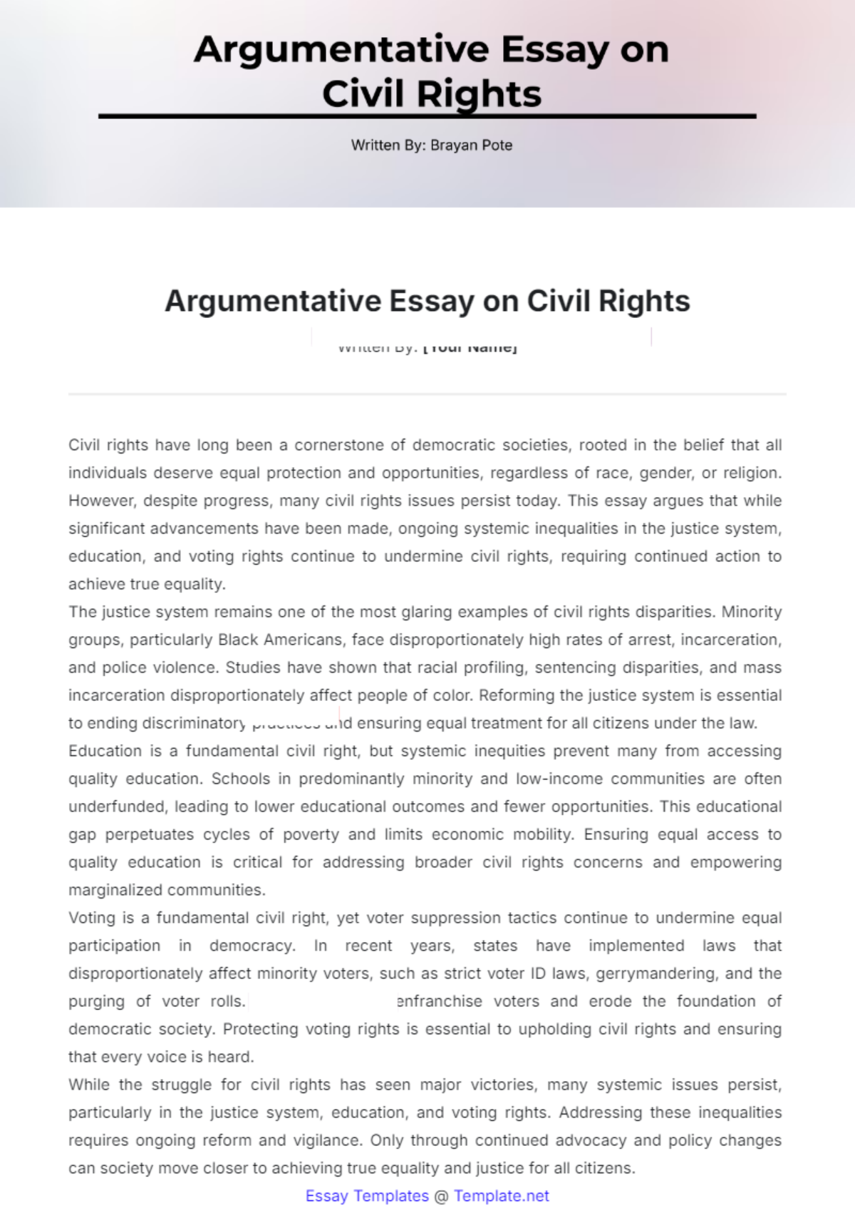 Argumentative Essay on Civil Rights Template - Edit Online & Download