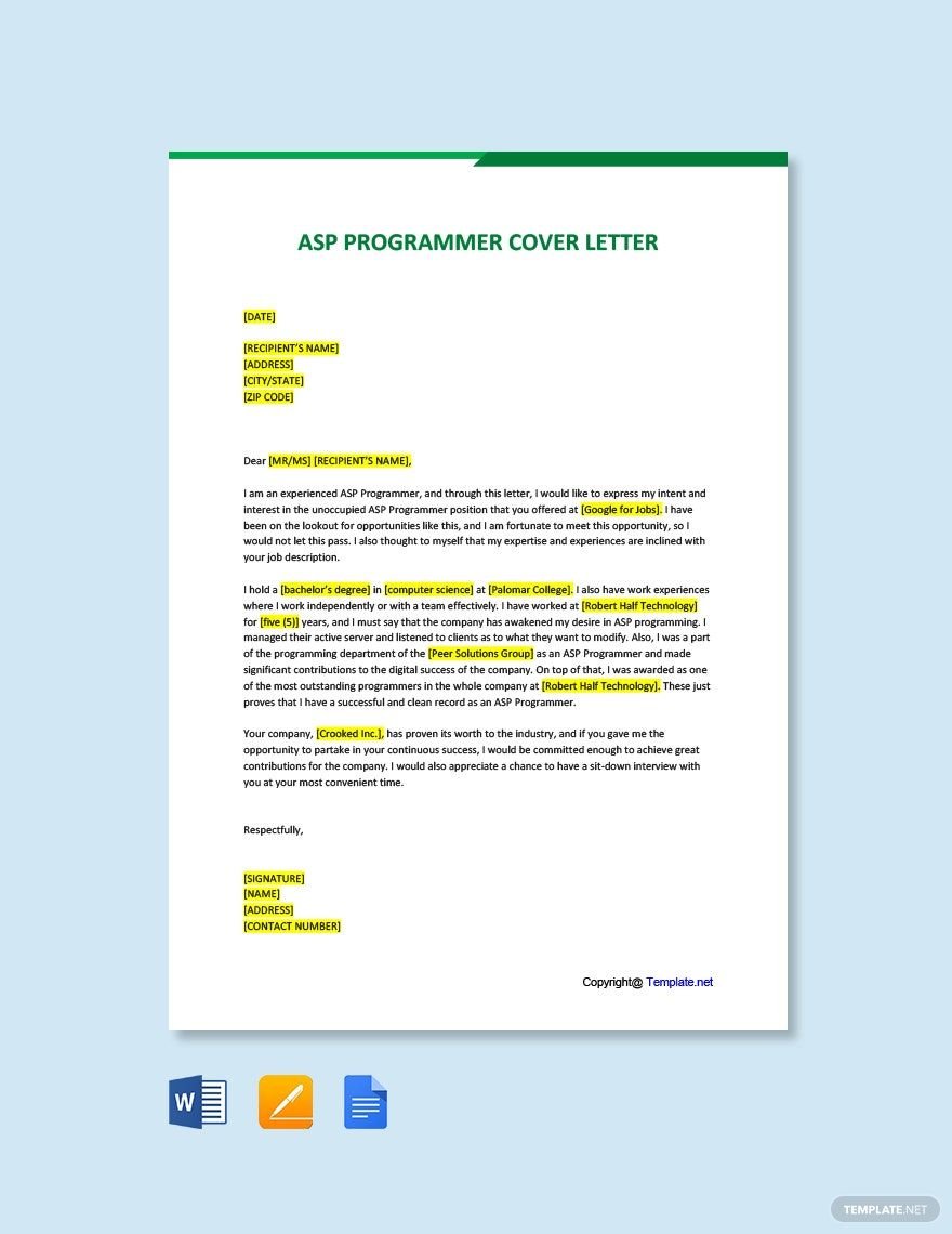 ASP Programmer Cover Letter Template