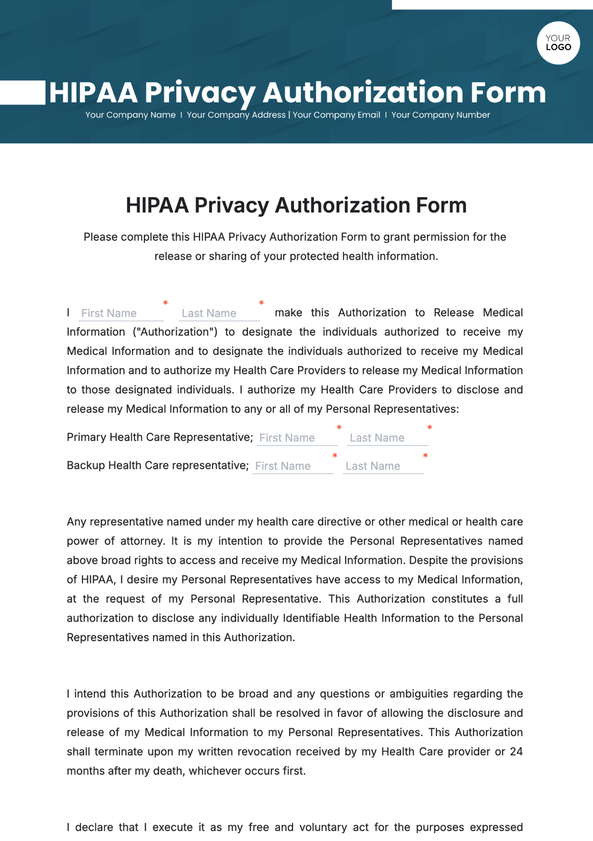 HIPAA Privacy Authorization Form Template - Edit Online & Download