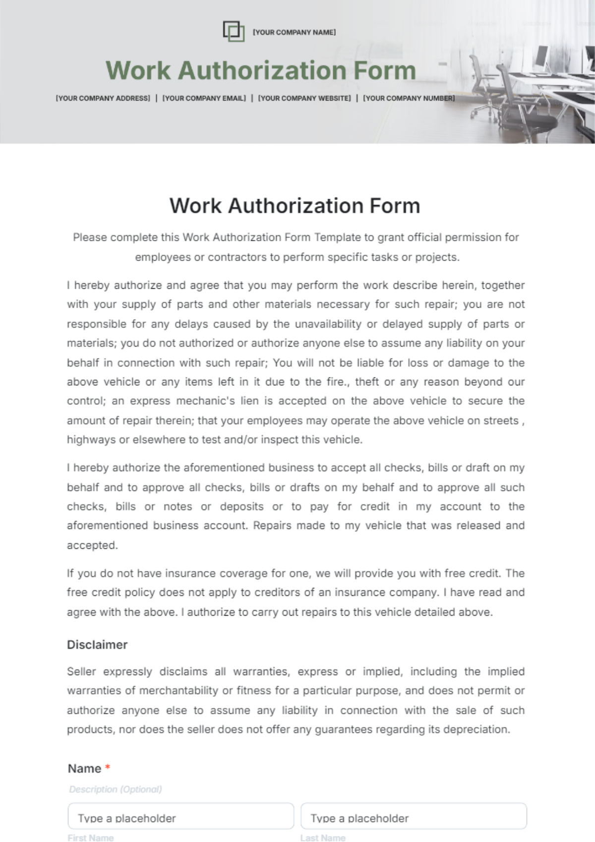 Work Authorization Form Template - Edit Online & Download