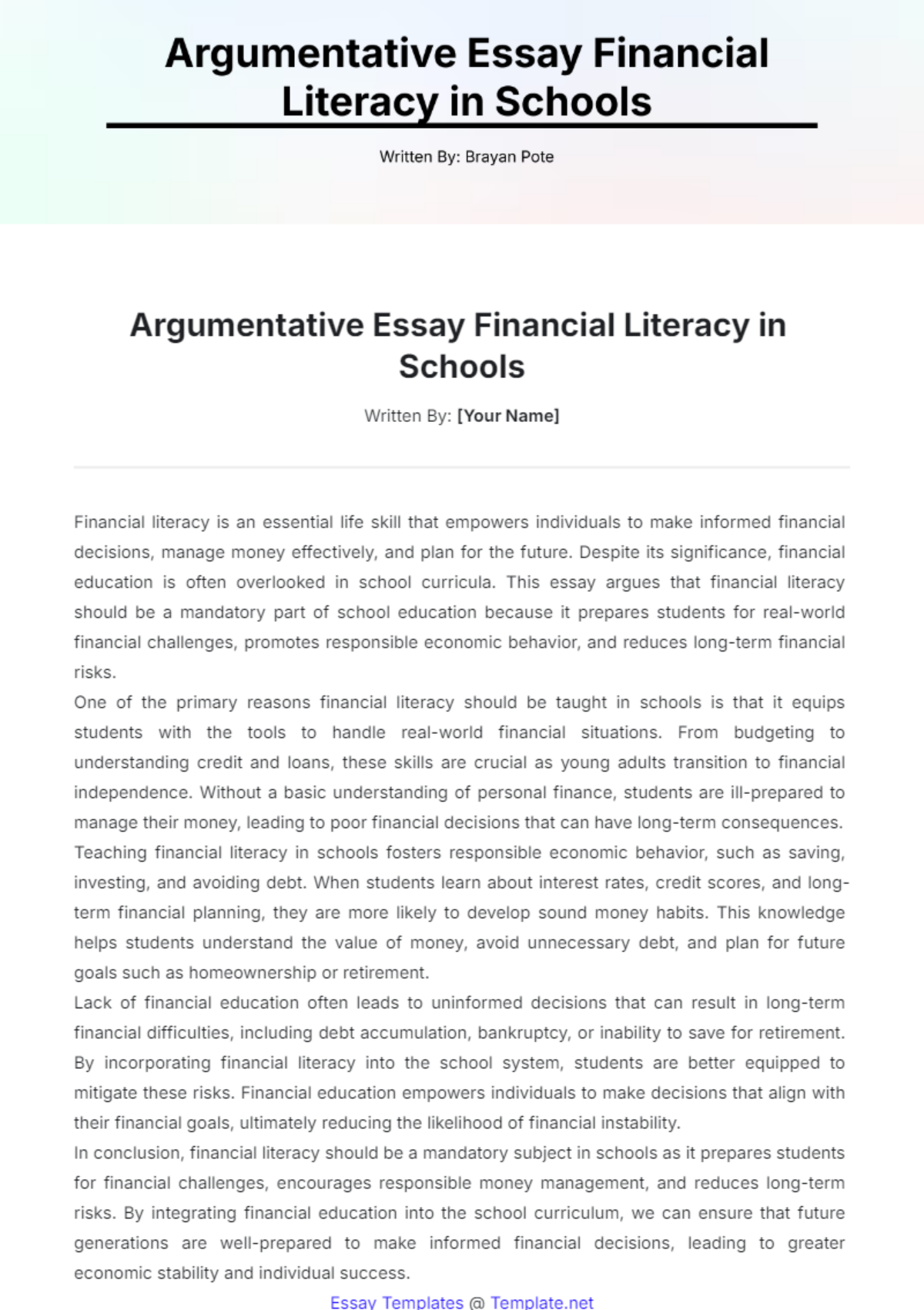 Argumentative Essay Financial Literacy in Schools Template - Edit Online & Download