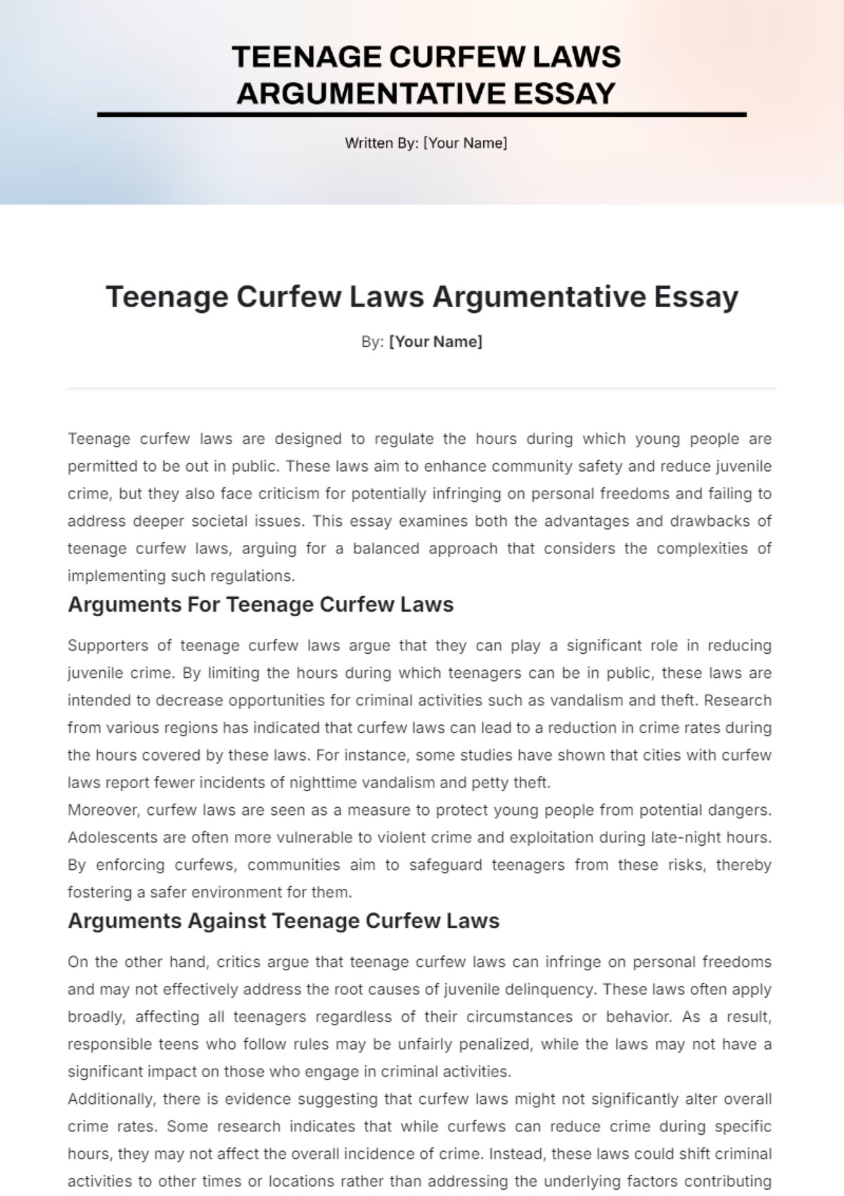 Teenage Curfew Laws Argumentative Essay Template