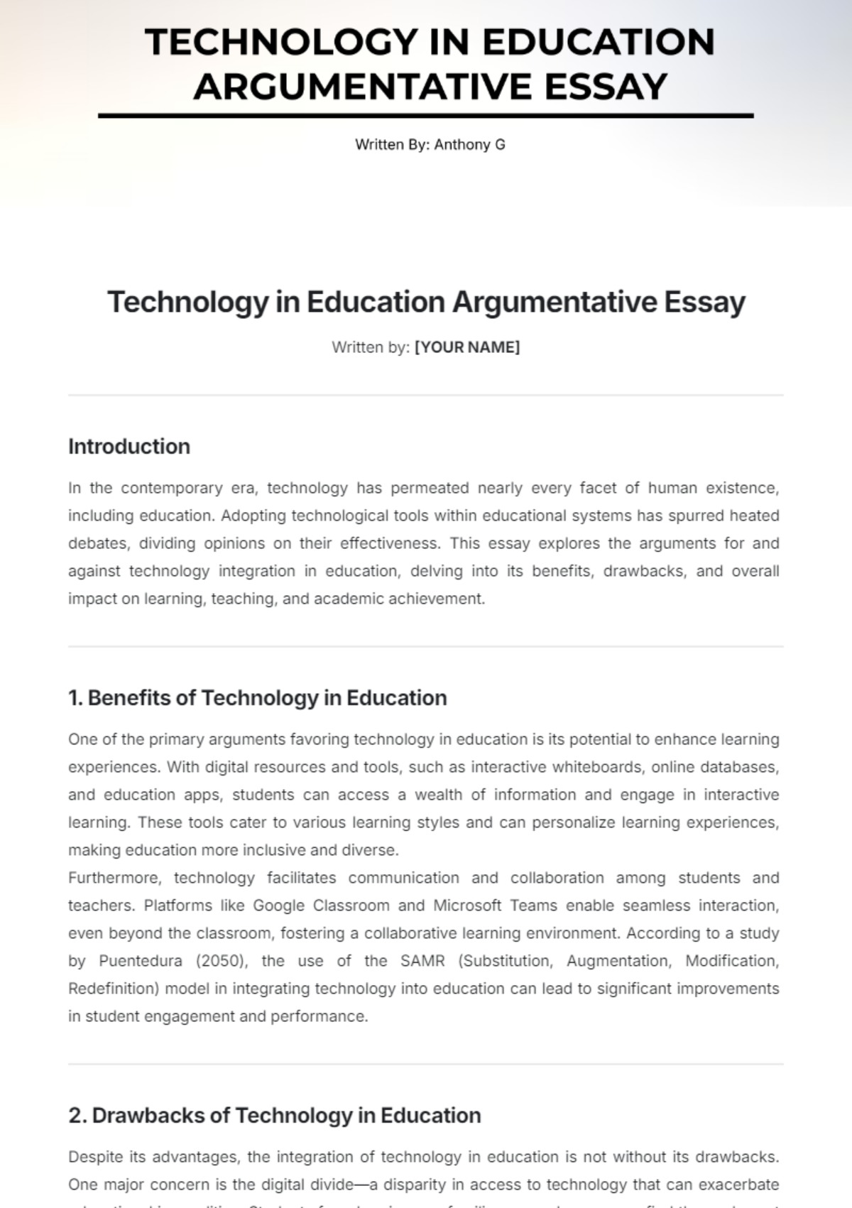 Technology in Education Argumentative Essay Template - Edit Online & Download