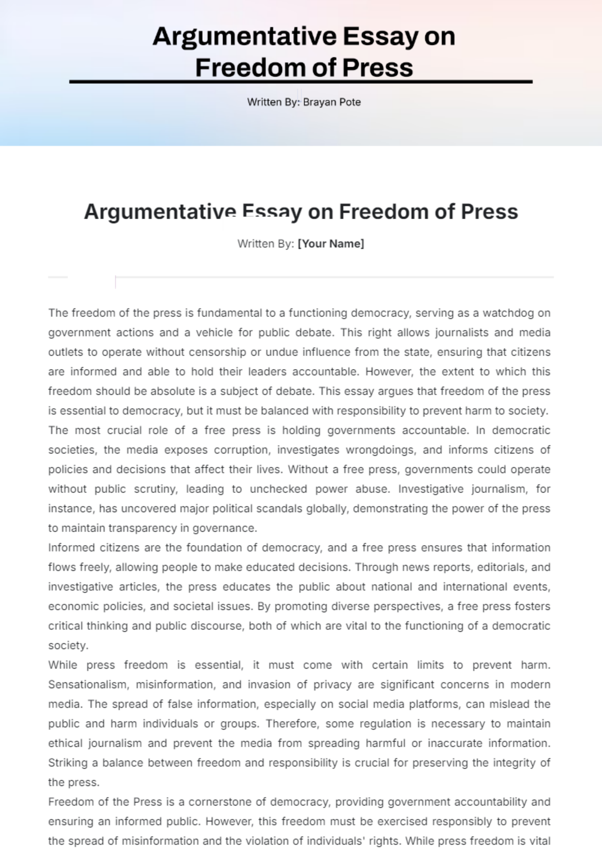 Argumentative Essay on Freedom of Press Template - Edit Online & Download