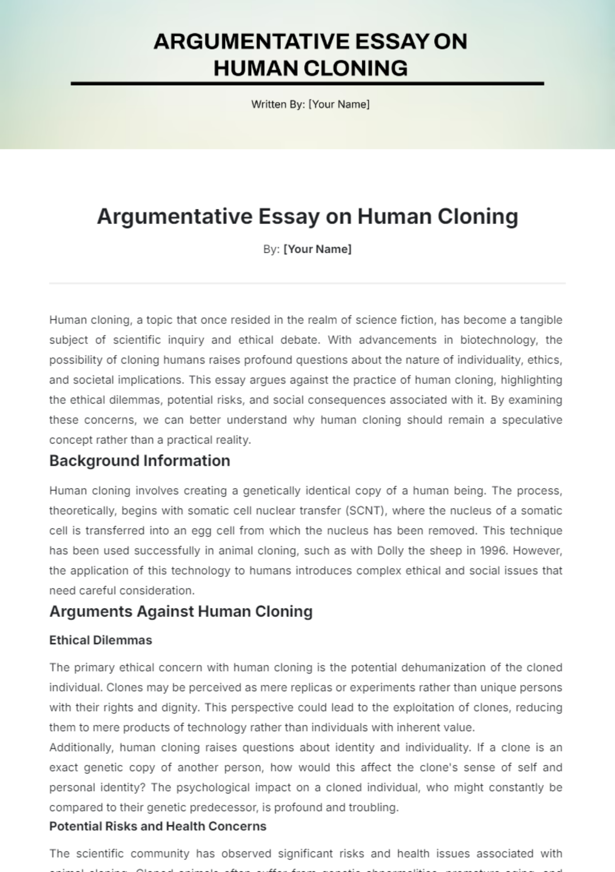 Argumentative Essay  on Human Cloning Template