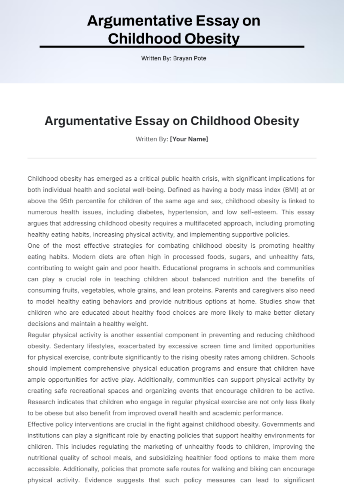 Argumentative Essay on Childhood Obesity Template