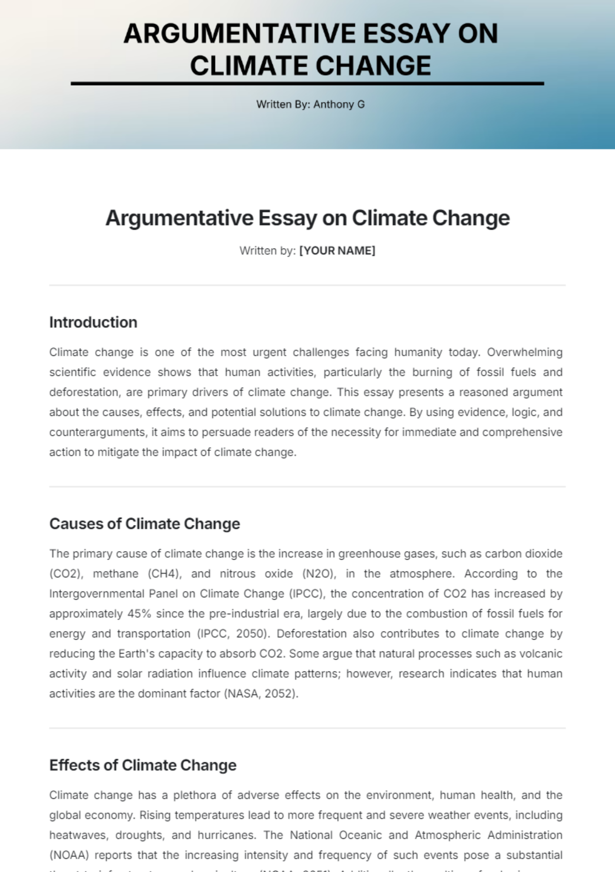 Argumentative Essay on Climate Change Template - Edit Online & Download