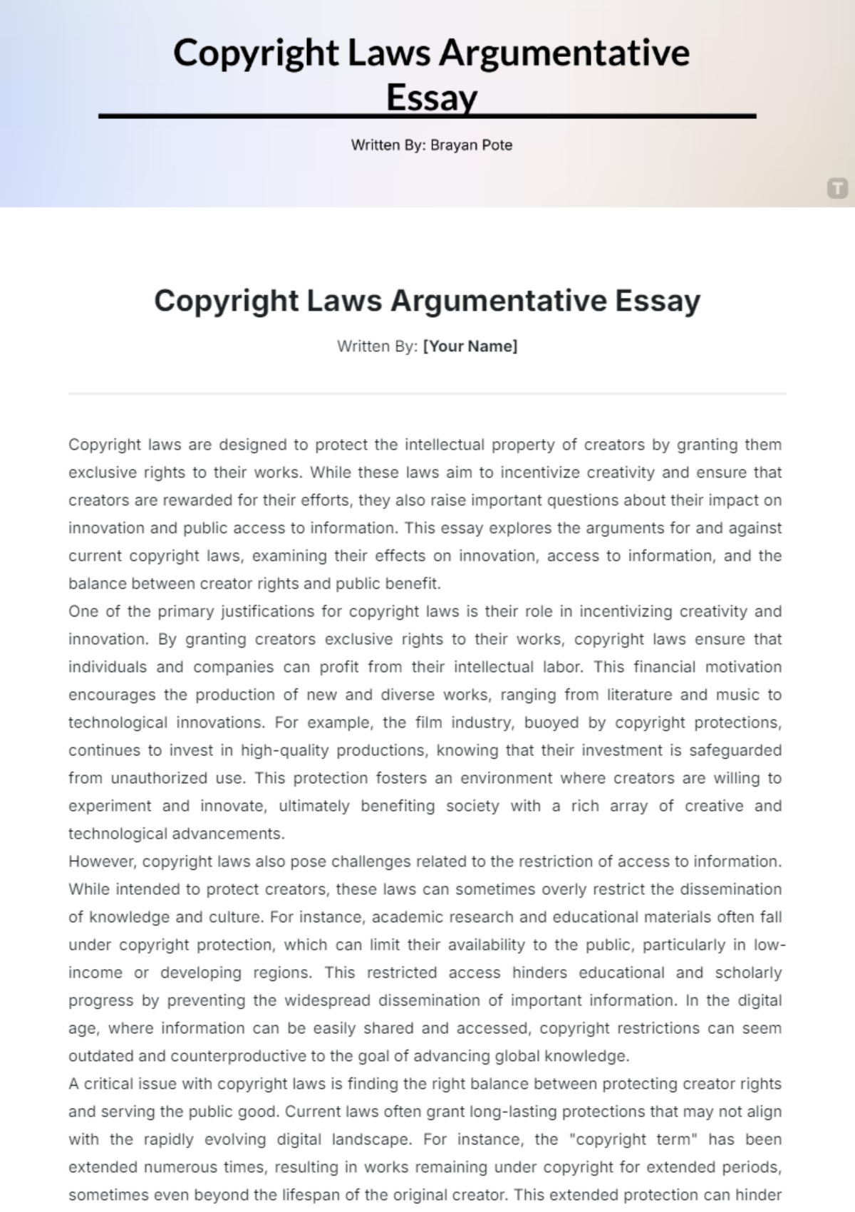 Copyright Laws Argumentative Essay Template