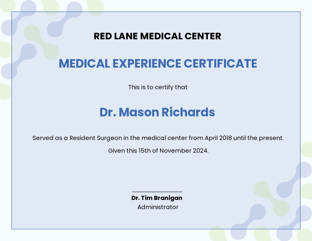 Medical Experience Certificate - Google Docs, Illustrator, Word, Outlook, Apple Pages, PSD, Publisher